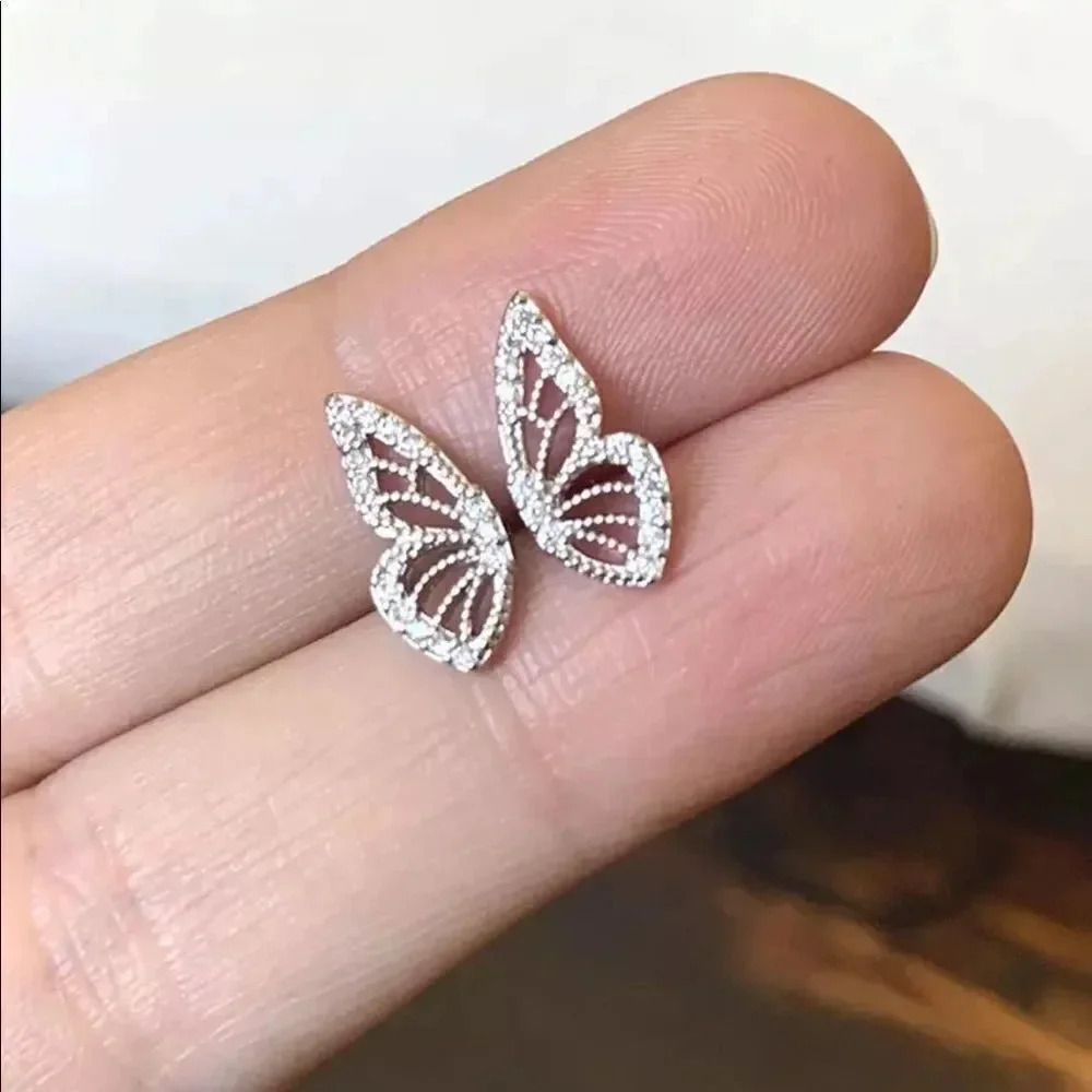 NEW! 18K White Gold Plated CZ Butterfly Wing Stud Earrings - Picture 3 of 6